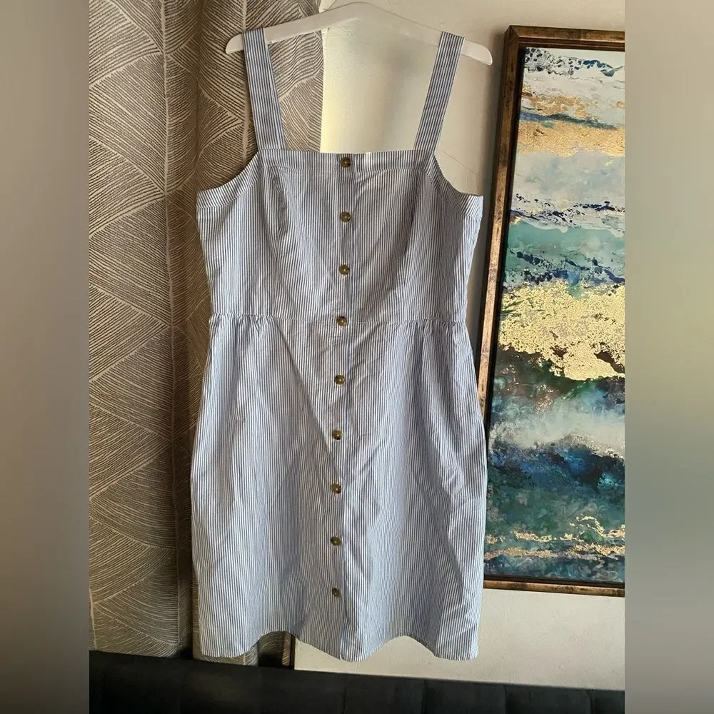 J Crew  Button Front Dress Sz 12  Seersucker Stripe White/Blue Sleeveless NWT